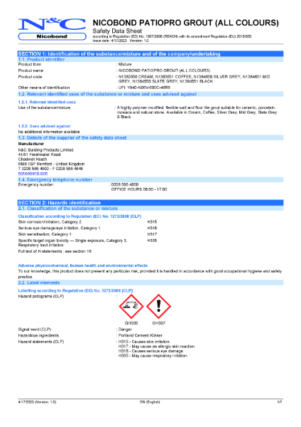 Nicobond PatioPro Grout Safety Data Sheet (SDS)
