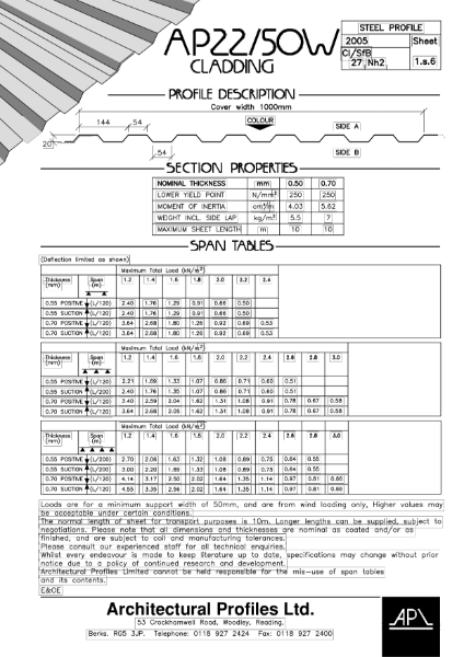 AP 22/50W - Steel - Cladding Data Sheet