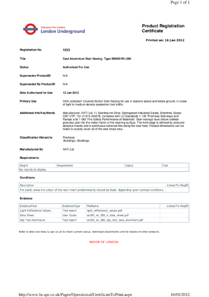 AATi certificate for product ref SN293 WL 280