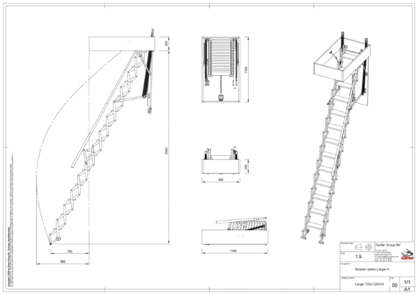 Gorter Scissor stairs - Large-H 700 x 1200 mm – Ceiling height up to 3500 mm - Technical 2D Drawing