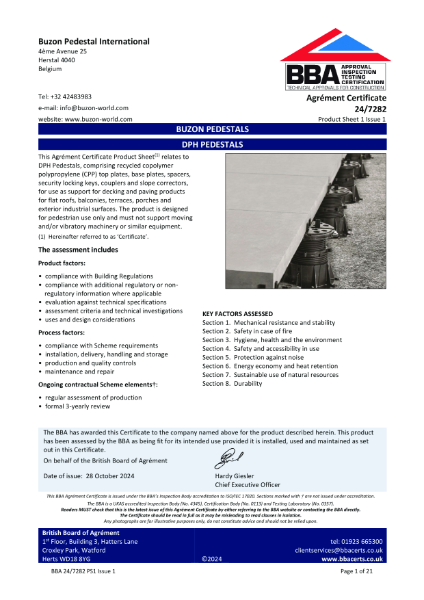 BBA Certificate for Buzon DPH Range of Pedestals