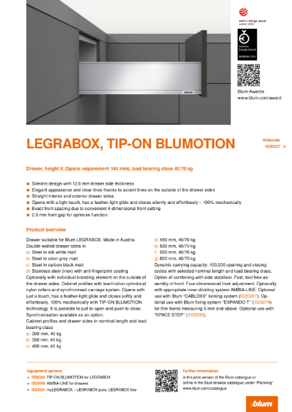 LEGRABOX TIP-ON BLUMOTION K Height Specification Text