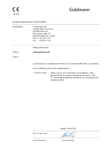 CE Certificate - Stepless LP8 lifting platform