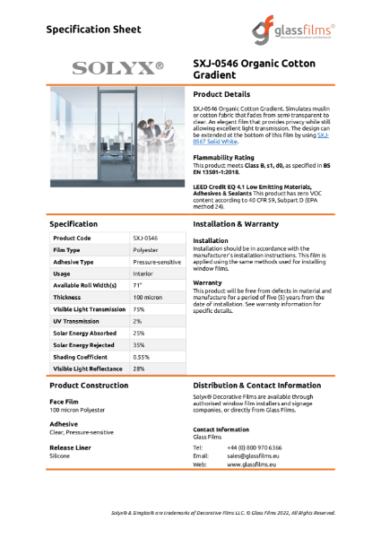SXJ-0546 Organic Cotton Gradient Specification Sheet