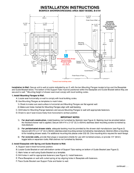 Installation Instructions - Bobrick Shower/ Dressing Area Seat Model B-5191