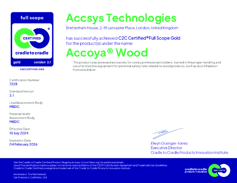 Cradle to Cradle Gold Accoya Wood