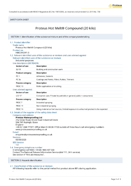 Safety Datasheet - Proteus Hot Melt® Compound