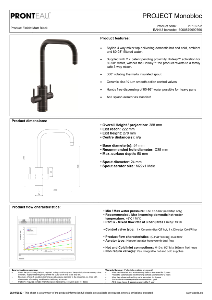PT1027-2 Pronteau Project Monobloc (Matt Black), 4 IN 1 Steaming Hot Water Tap - Consumer Specification
