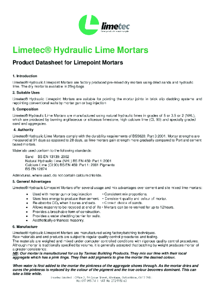 Limepoint Mortars Product Data Sheet