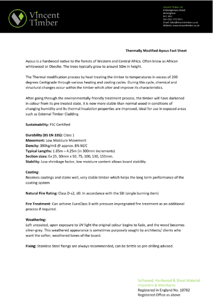 Thermally Modified Ayous Timber Cladding Data Sheet