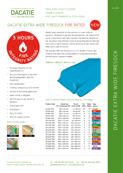 Fire Cavity Barrier - 3 Hour Fire Integrity - Dacatie Extra Wide Firesock - (20 to 300mm Cavities) Data Sheet