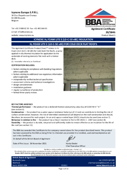 H2Foam Lite E Flat Roofs - BBA Certificate