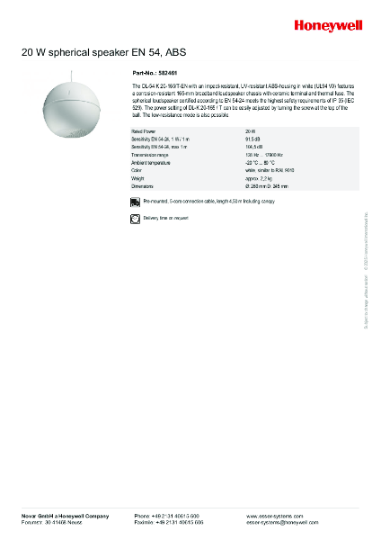 582461, 20 Watt Spherical Loudspeaker EN54-24