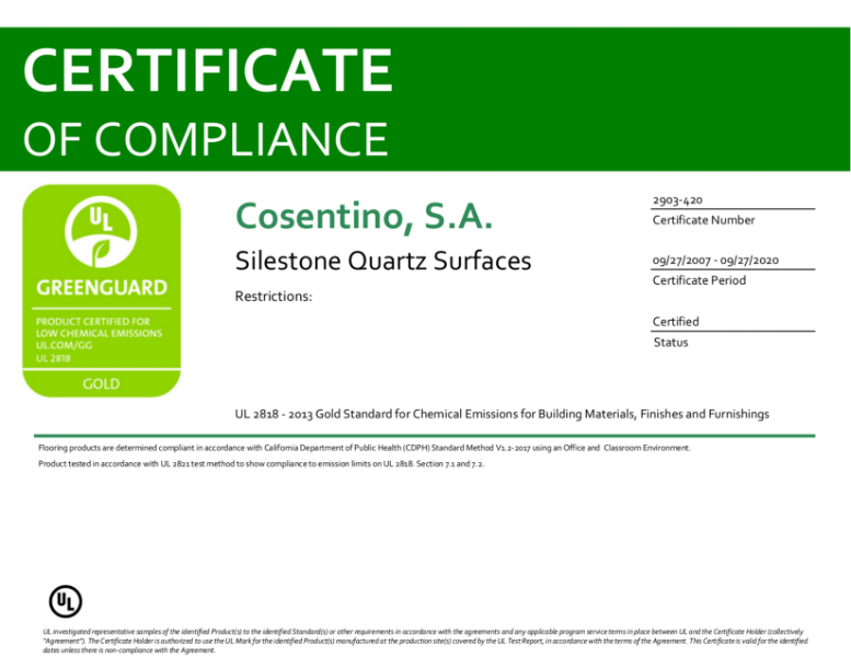 SILESTONE GREENGUARD GOLD CERTIFICATE