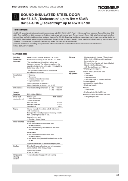Sound Insulated Door dw67-1/S/HS (Rw 57 dB) (Technical Data)