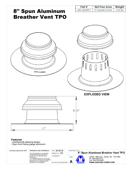 TECHNICAL DRAWING - 8" SPUN ALUMINUM BREATHER VENT TPO