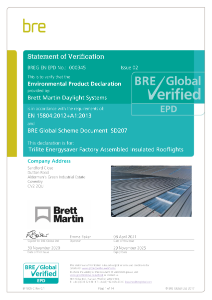 BRE EPD Certificate - Energysaver Factory Assembled Insulated Rooflights