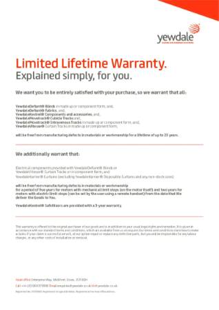 Yewdale lifetime warranty for blinds, fabrics, curtain tracks and cubicle tracks