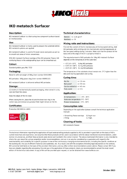 Technical Data Sheet (TDS) - IKO metatech Surfacer