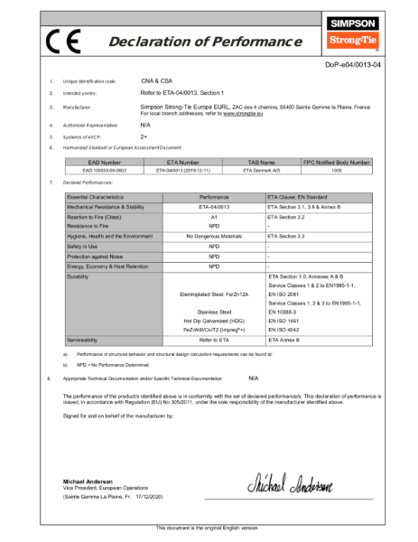 CSA CNA Declaration of Performance