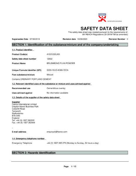 Brushbond FLXIII Powder Safety Datasheet