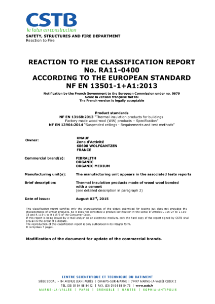 Fire classification report Heraklith Decorative panel