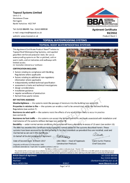 BBA certificate - Topseal Fibreglass Flat Roofing and Waterproofing Systems