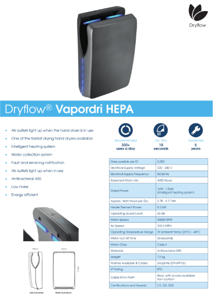 Hand Dryer Spec Sheet - Dryflow Vapordri with HEPA Hand Dryer
