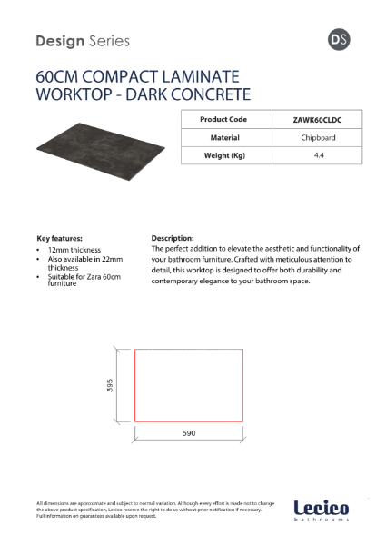 Zara 60 cm Width 12 mm Compact Laminate Worktop - Dark Concrete