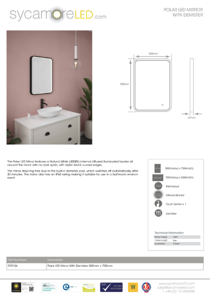 Specification Sheet for Polar Illuminated Mirror