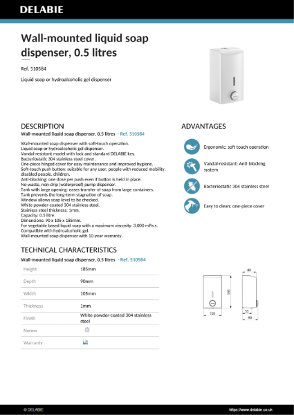 Push-Button Soap Dispenser - White, 0.5 Litre Product Data Sheet