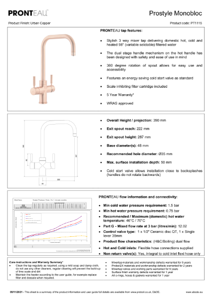 PT1115 Pronteau Prostyle (Urban Copper), 3 in 1 Steaming Hot Water Tap - Consumer Spec