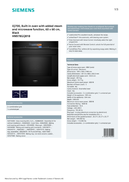 iQ700, Built-in oven with added steam and microwave function, 60 x 60 cm, Black HN978GQB1B