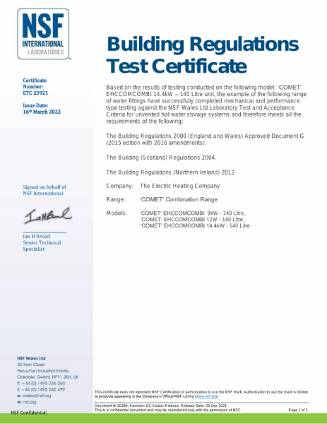 COMET COMBINATION UNIT, BUILDING REGULATIONS CERTIFICATE