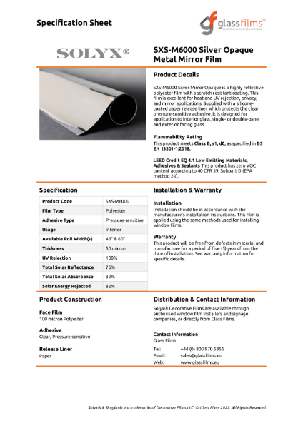 SXS-M6000 Silver Opaque Metal Mirror Specification Sheet