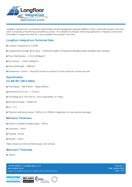 Longfloor IntegraCure Data Sheet