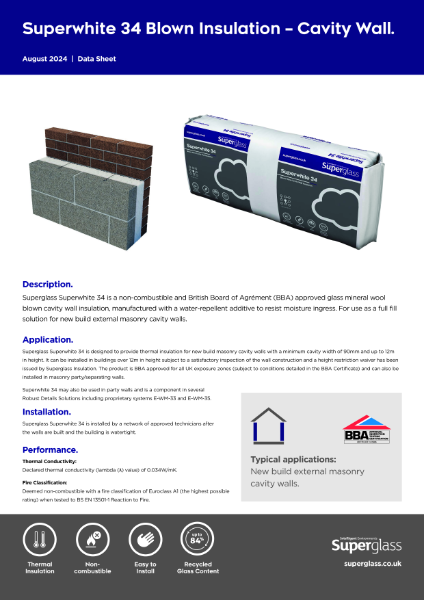 Superglass Superwhite 34 Blown Insulation - Cavity Wall - Datasheet