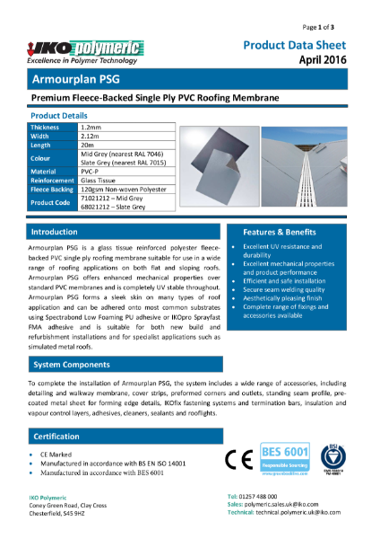 IKO Armourplan PSG PVC Single Ply Roofing Membrane datasheet