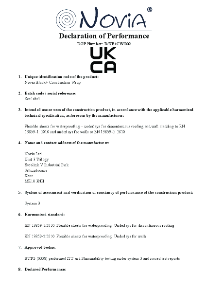 Novia Black+ Construction Wrap Declaration of Performance