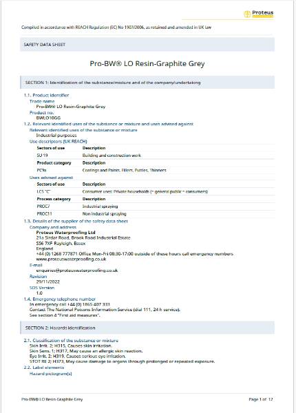 Safety Data Sheet - Pro-BW® LO Resin - Graphite Grey