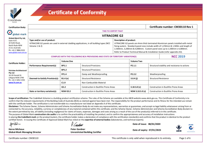 CodeMark Certificate of Conformity - Vitracore G2