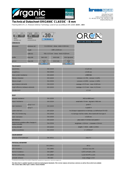 Krono Original® Organic Classic Technical Datasheet
