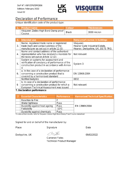 DPC UKCA Visqueen Zedex High Bond Damp Proof Course Declaration of Performance