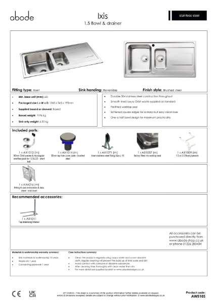 AW5103 Ixis Stainless Steel Inset Sink with Drainer (One and a Half Bowl)  - Consumer Spec