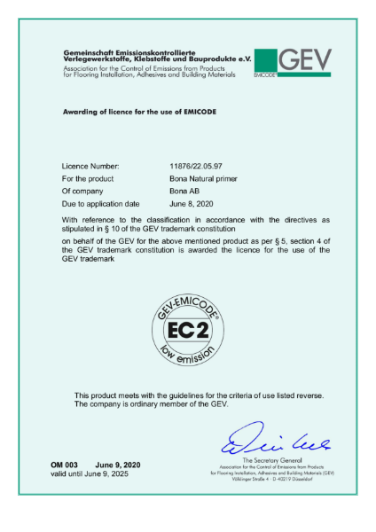 Bona Natural Primer - EC1 PLUS - Emicode, GEV license/ certificate
