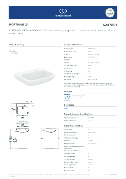 DataSheet - S247801 PORTMAN 21 | Basin
