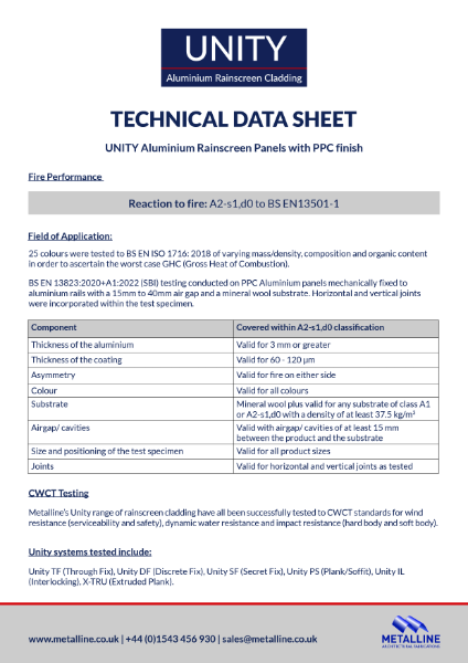 Unity Aluminium Rainscreen Cladding - Technical Data Sheet