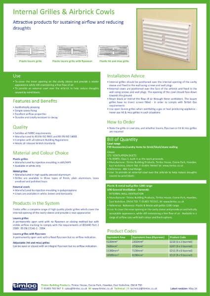 Timloc Building Products Internal Grilles & Airbrick Cowls Datasheet