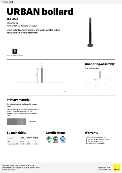 Urban bollard Ø76, anchoring with base plate - 585-900A