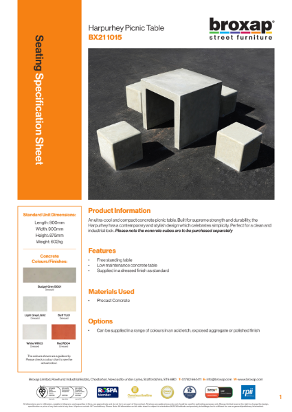 Harpurhey Picnic Table Specification Sheet